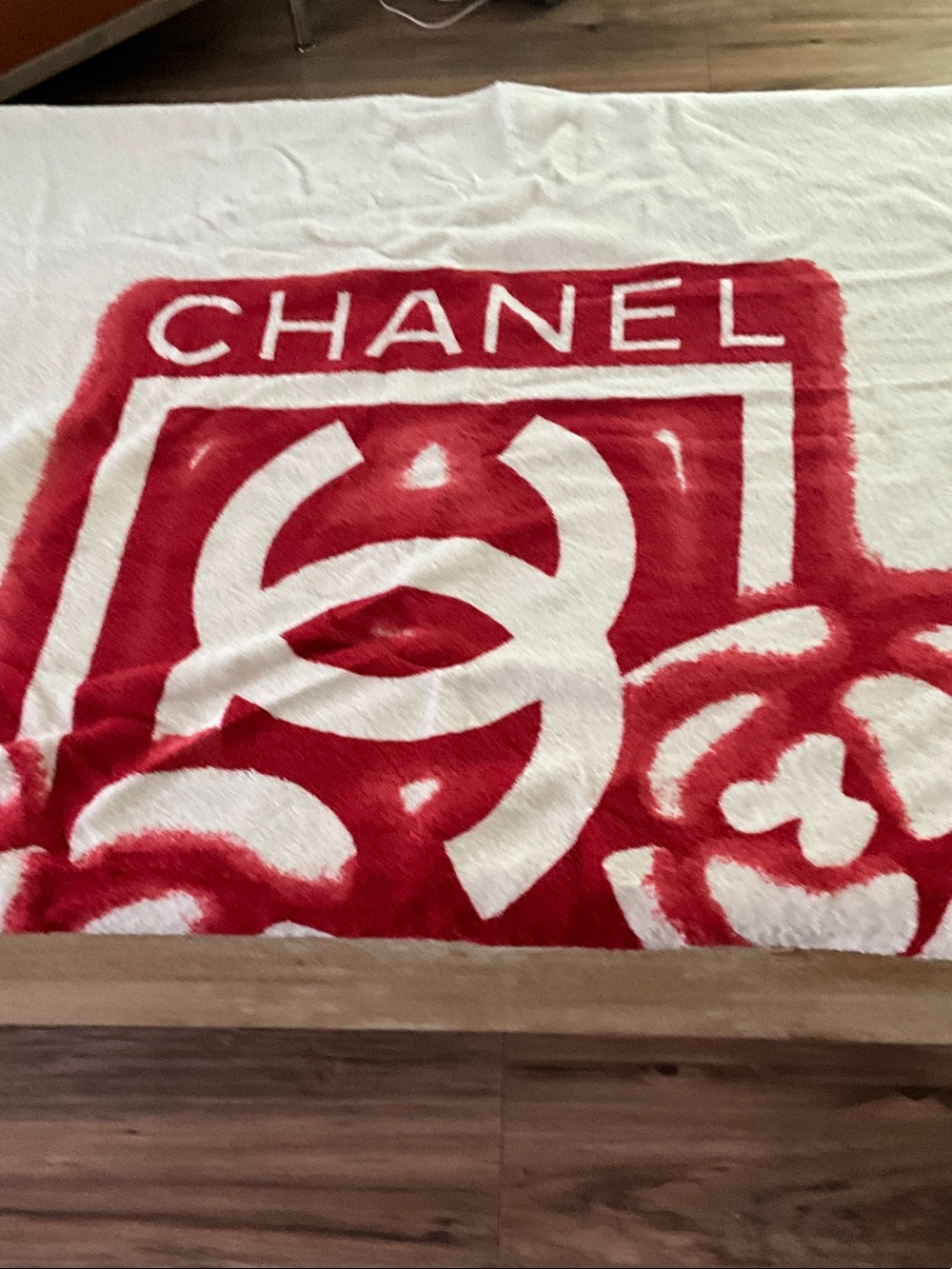 CHANEL Red and White Logo Beach Towel